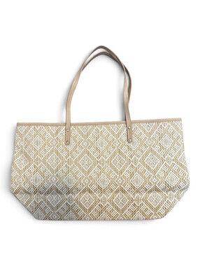Signature Beige Geometric Tote Bag Snap Closure Inner Pockets